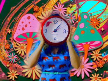 Mushrooms Psychedelic and woman with Clock in Hands